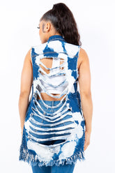 American Bazi Women's Distressed Longline Denim Vest with Frayed Edges